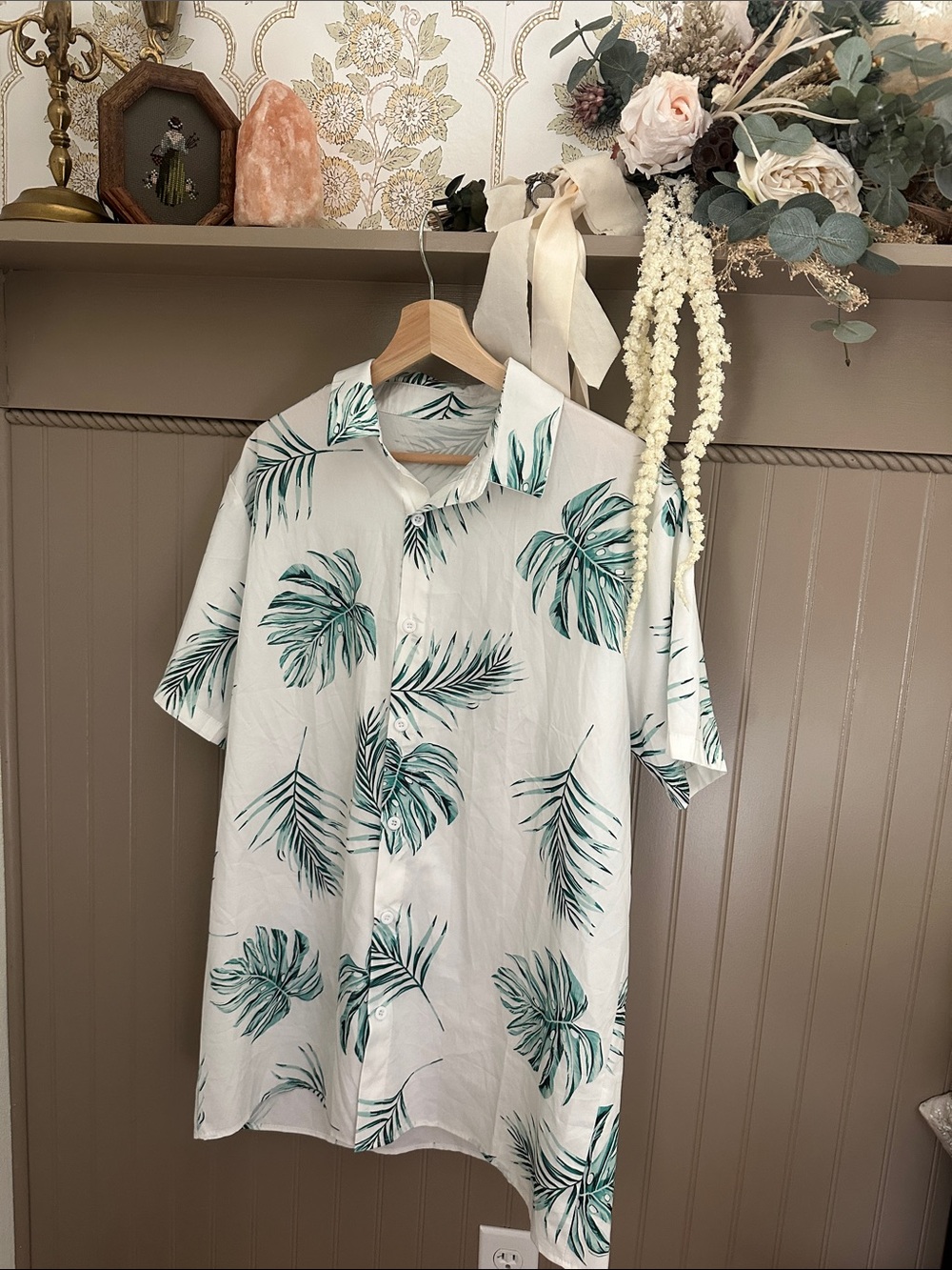 Men's Short-Sleeve Tropical Print Shirt - White/Green